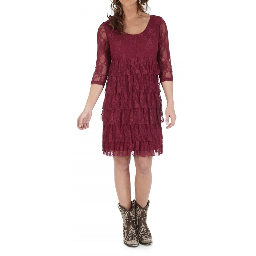 WRANGLER Burgundy Lace Tiered Midi Dress NWT Size L